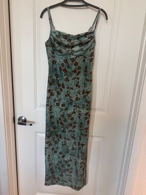 Teal Floral Slip Maxi Dress with Brown Print